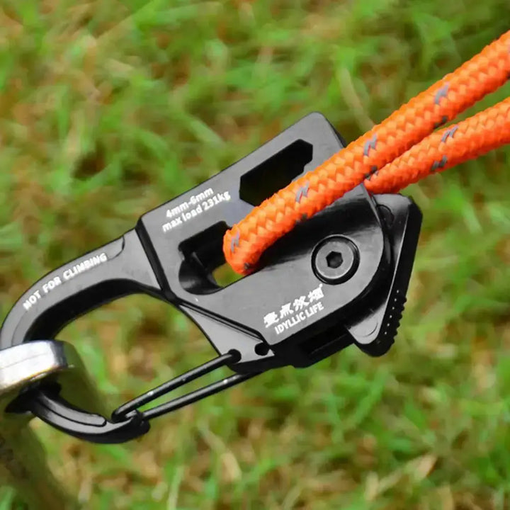 Aluminum alloy tent rope tensioner with orange cord, rustproof and strong load-bearing, perfect for camping adjustments.