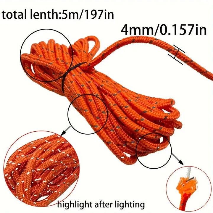 Orange reflective camping rope, 5m length, 4mm diameter, durable for tent tie-downs and outdoor use.