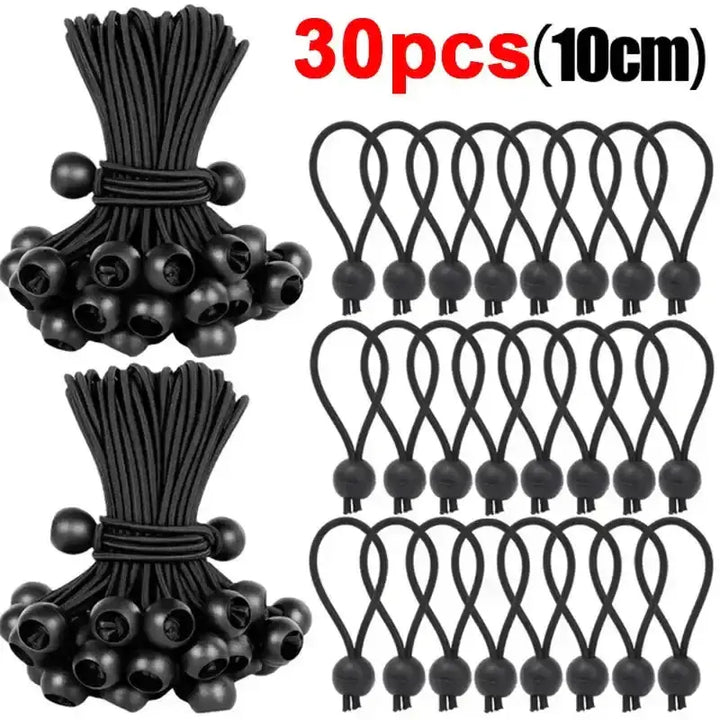 Black elastic ball bungee cords, 30 pieces, 10cm length, ideal for securing tents, tarps, and cargo.