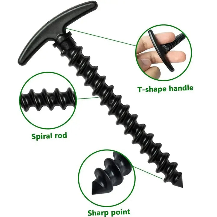 Black spiral ground nail with T-shape handle for outdoor camping, highlighted features include spiral rod and sharp point.