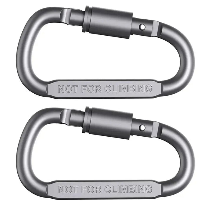 Set of two D-shape locking carabiner hooks for camping and fishing, not for climbing, made from robust aluminum alloy.