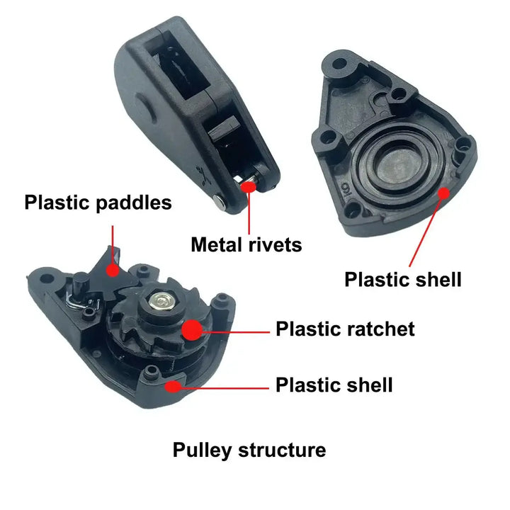 Detailed view of pulley structure with plastic paddles, metal rivets, plastic ratchet, and plastic shell components.